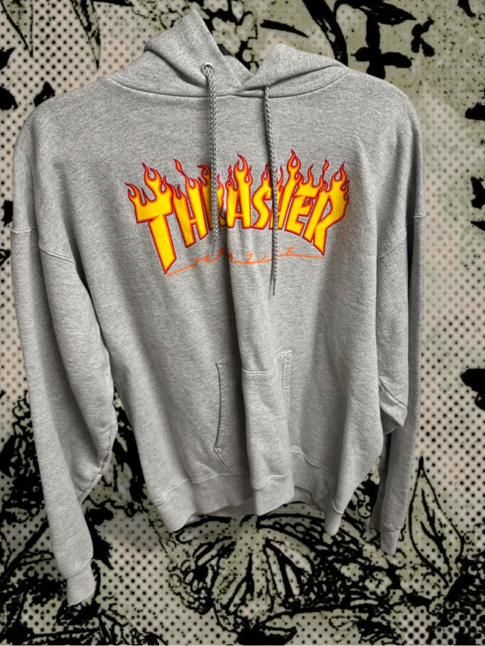 Thrasher Gray Hoodie with Yellow-Orange Flame Logo